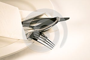 Close up dinning silverware fork , spoon and knife with dish on