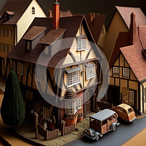 A close-up of a diorama of a village street with houses and cars on it. Created with Generative AI