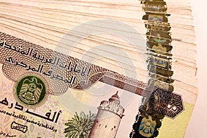 Close up Dirhams currency, AED, Bank note and coins, United Arab Emirates