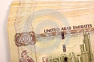 Close up Dirhams currency, AED, Bank note and coins, United Arab Emirates