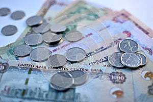 Close up Dirhams currency, AED, Bank note and coins, United Arab Emirates