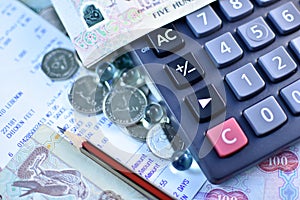 Close up Dirhams currency, AED, Bank note and coins, United Arab Emirates