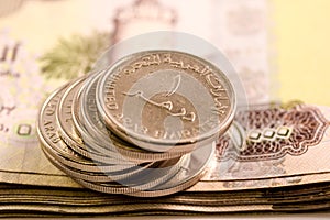 Close up Dirhams currency, AED, Bank note and coins, United Arab Emirates