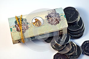 Close up Dirhams currency, AED, Bank note and coins, United Arab Emirates