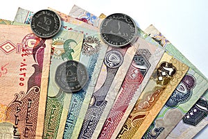 Close up Dirhams currency, AED, Bank note and coins, United Arab Emirates