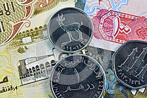 Close up Dirhams currency, AED, Bank note and coins, United Arab Emirates