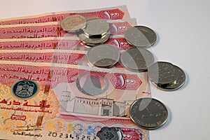 Close up Dirhams currency, AED, Bank note and coins, United Arab Emirates