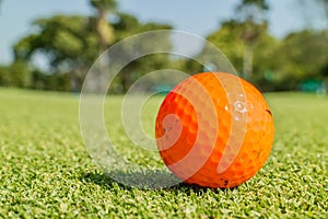 Close up the dirt golf ball on grass with blurred green golf course.