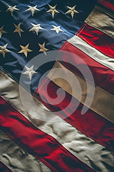 close-up of dirty american flag, red, blue and white