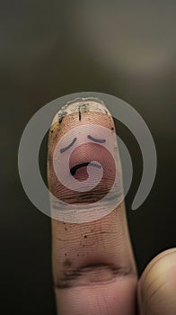 Close-up of a dirty finger with a sad face drawn on it