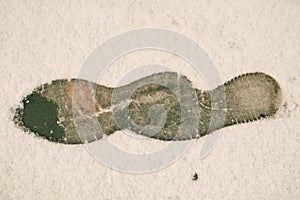 Close-up of dirty foot imprints on the ground left by a person