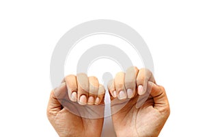 Close up dirty hand nails of Asian woman on white background have copy space for put text. Concept unhealthy