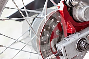 Close up of Disc brake of motorcycle wheel
