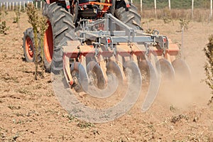 Close up of a disc harrow system, cultivate the soil