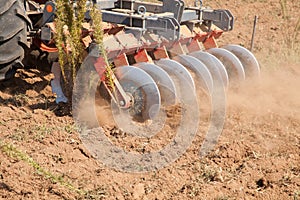 Close up of a disc harrow system, cultivate the soil