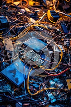 close-up of discarded electronic devices and cables