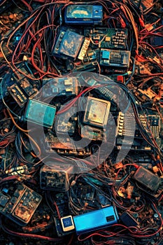 close-up of discarded electronic devices and cables