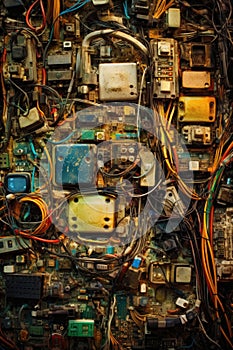 close-up of discarded electronic devices and cables