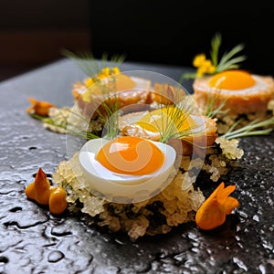 Close up of a dish of nigiri sushi rice with fried quail egg on top of quail and finished with tartufa