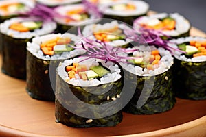 close-up of a dish of vegetarian sushi rolls