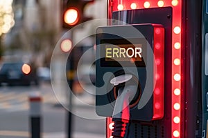 Close-up display on the electric charging station shows an error message, failed attempt charging