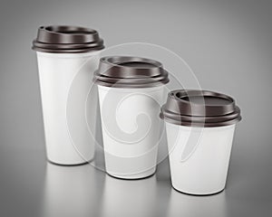 Close-up disposable plastic cups of different sizes. 3d rendering