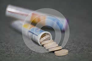 Close-up of dissolvable vitamin tablets