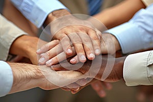 Close-up of diverse hands stacked together in a gesture of unity and teamwork