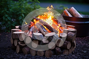 close-up of a diy fire pit with burning logs