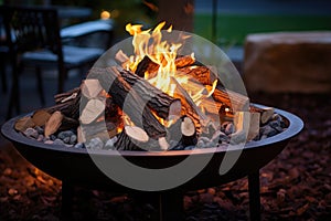 close-up of a diy fire pit with burning logs