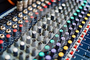 Close-up of DJ`s audio mixing console