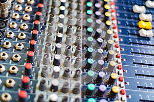 Close-up of DJ`s audio mixing console