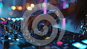 A DJ's Hands on Mixer. AI generated