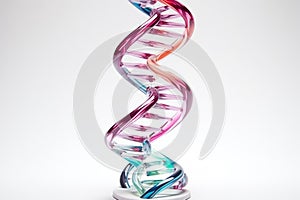 close-up of dna double helix model against a white background