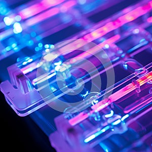 Close-up of DNA gel electrophoresis Action Scene. Gel showing separated DNA bands under UV light Background. Generative AI