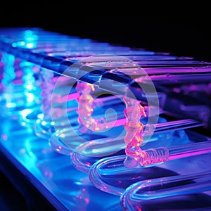 Close-up of DNA gel electrophoresis Action Scene. Gel showing separated DNA bands under UV light Background. Generative AI