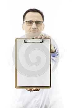 Close up doctor holding blank clipboard with copy space for text. Statistics