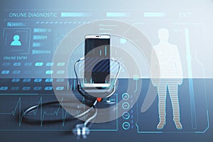 Close up of doctor`s desktop with mobile phone, stethoscope and glowing online medicine hologram. Healthcare, future and