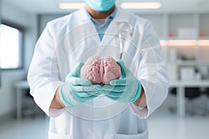 Close-up of a doctors hands holding a 3D printed brain model isolated on a white background. Concept of brain research, neurology