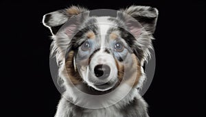 a close up of a dog with blue eyes on a black background