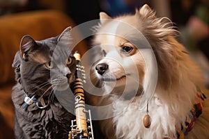 close-up of dog and cat musician playing their instruments in unison