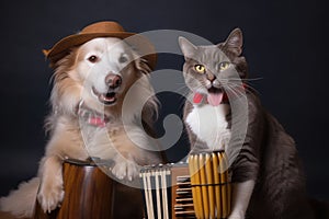 close-up of dog and cat musician playing their instruments in unison