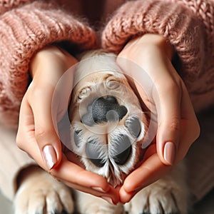 Close up of dog paws and human hand