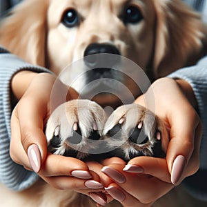 Close up of dog paws and human hand