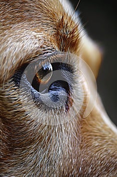 A close up of a dog's eye with brown and black fur, AI