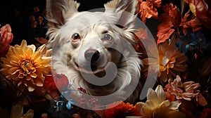 A close-up of a dog surrounded by flowers on a black background