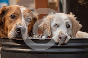 close-up of dogs guilty face near toppled trash can