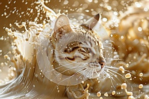 Close Up of Domestic Cat Enjoying Water Splash Fun, Energetic Feline Play Time, Active Pet in Motion, Animal Hygiene Concept