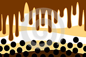 Close up of doodle bubble tea, pearl milk tea or boba tea seamless pattern background and borders. Cartoon hand drawn.