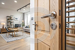 Door handle close-up in modern home interior with light wooden doors